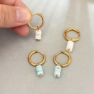 Minimalist gold hoop earrings with natural blue amazonite and white stone beads