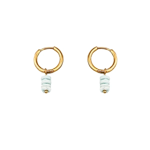 Geometric gold earrings with mint green natural stones in a minimalist chic style