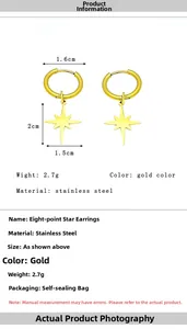 Detailed size specifications of gold star drop earrings made of stainless steel
