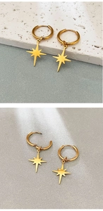 Close-up of gold starburst pendant earrings on stone texture showing high-end metallic finish