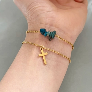 Cross Charm Bracelet With Natural Blue Crushed Stone Stainless Steel Layered Minimalist Jewelry For Women Adjustable