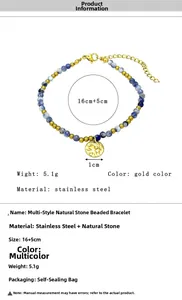 Détail du bracelet en acier inoxydable doré 18k avec pierres bleues et pendentif rond