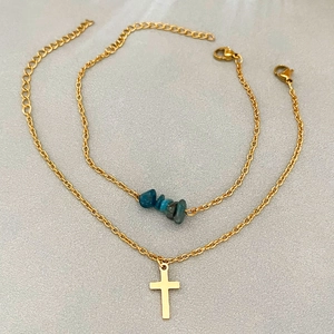 Vintage gold cross bracelet with irregular blue natural stone chips for women's fashion