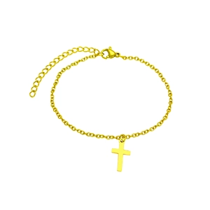 Gold stainless steel cross pendant bracelet with adjustable chain for women