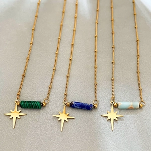 Collier Pendentif Étoile À Huit Branches Acier Inoxydable Pierre Naturelle Charme Cylindrique Bijoux Boho Pour Femmes