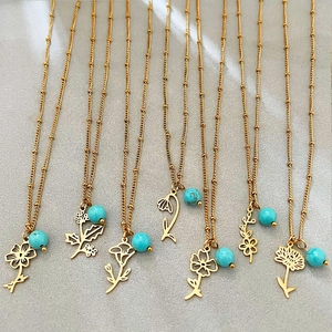Stainless Steel Flower Birthstone Necklace Turquoise Gold Plated Minimalist Pendant For Women Birthday Gift Jewelry