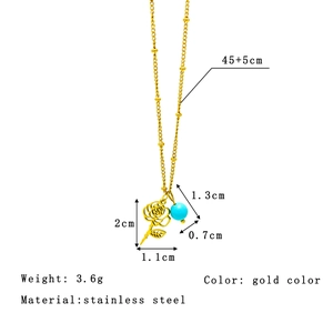 Gold stainless steel flower necklace with turquoise pendant and product dimensions details