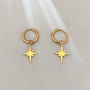 Stainless Steel Hoop Earrings With North Star Pendant 18K Gold Plated Eight Pointed Star Vintage Niche Jewelry For Women