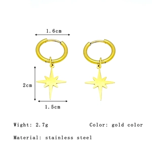 Golden stainless steel hoop earrings with starburst pendant and 18K gold plating