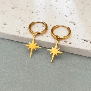 Polished 18K gold-plated stainless steel hoop earrings with starburst pendants for women