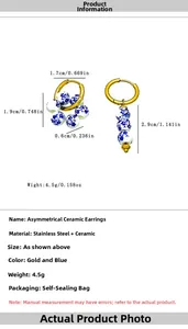 Detailed size chart for blue ceramic asymmetrical earrings in gold stainless steel