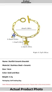Détails du bracelet en céramique étoile de mer avec perles bleues et chaîne acier