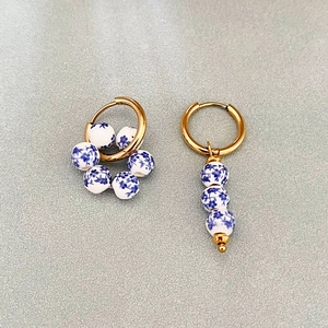 Asymmetrical Hoop Earrings Vintage Chinese Style Blue And White Porcelain Ceramic Beads Stainless Steel 18K Gold Plated For Women