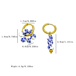 Blue and white porcelain bead earrings in 18k gold plated steel with dimension measurements