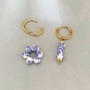 Vintage blue and white porcelain bead earrings with 18k gold plated stainless steel hoops