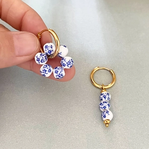 Retro porcelain bead earrings with blue and white pattern and 18k gold plated stainless steel