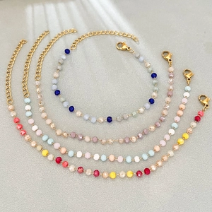 Handmade 3mm colorful crystal beaded bracelets with 18k gold plated stainless steel chain