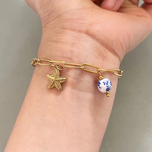 Bracelet Charme Étoile De Mer Acier Inoxydable Chaîne Trombone Perle Céramique Bleu Blanc Plage Été Fermoir OT Bijoux Femmes