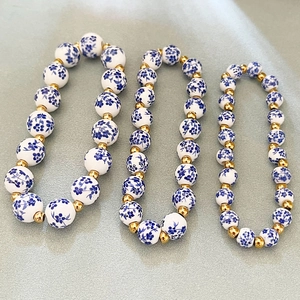 Retro blue and white porcelain beaded 18k gold plated stainless steel bracelet for women