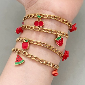 Women Trendy Stainless Steel Bracelet Red Enamel Fruit Pendants Cherry Strawberry Apple Watermelon Personalized Summer Jewelry