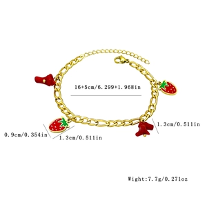 Gold stainless steel chain bracelet featuring red enamel strawberry and bellflower charms