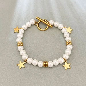 Freshwater Pearl Bracelet With Stainless Steel Star Charms Toggle Clasp Baroque Elegant Jewelry For Women