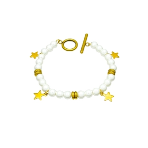 Baroque natural freshwater pearl bracelet with gold star charms and toggle clasp