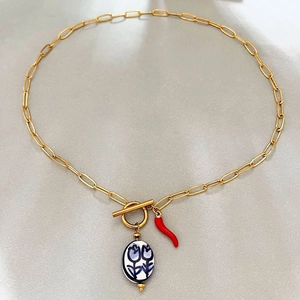 Stainless Steel Necklace With Red Chili Pendant And Blue White Flower Ceramic Bead Gold Paperclip Chain Toggle Clasp For Women