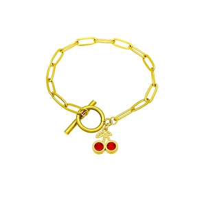 Bracelet chaîne en acier inoxydable doré avec pendentifs cerises rouges et fermoir T