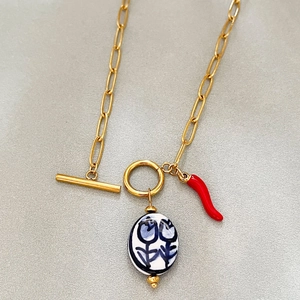 Gold OT buckle chain necklace with blue floral ceramic bead and red chili pepper pendant
