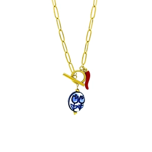 Gold stainless steel toggle necklace with red chili pepper and floral ceramic bead