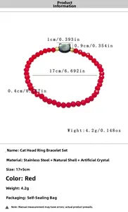 Detail view of red crystal bead bracelet and cat charm ring set with sizing specifications