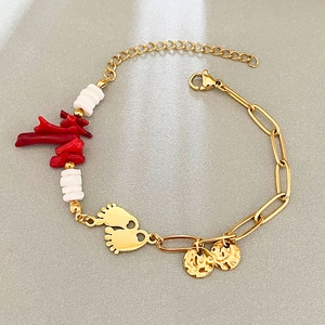 Stainless Steel Paperclip Chain Bracelet Golden Footprint Charm Faux Coral Branch Shell Bead Adjustable Jewelry Women