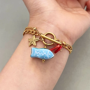 Bracelet Double Couche Étoile De Mer Poisson Corail Acier Inoxydable Céramique Fermoir Cabillot Été Vacances Bijoux Femmes