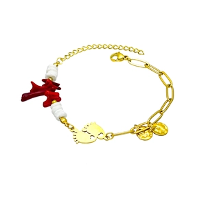Bohemian gold bracelet with red branch coral, white beads and foot-shaped pendant