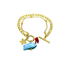 Bracelet double couche en acier inoxydable avec étoile de mer et poisson bleu pour femme