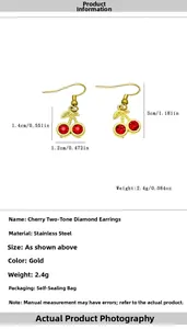 Detailed view of red crystal cherry earrings with gold stainless steel hooks and dimensions