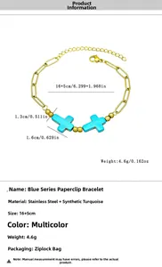 Dettaglio del bracciale a graffetta con croci blu e specifiche dimensionali incluse