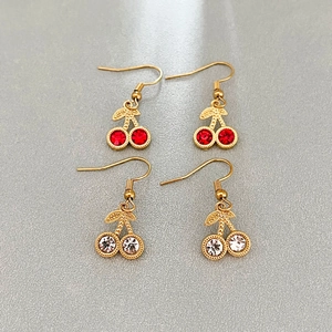Elegant Stainless Steel Cherry Dangle Earrings With Red White Rhinestone Sweet Fruit Drop Jewelry For Women