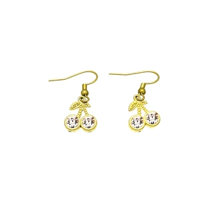 Elegant gold cherry drop earrings featuring sparkling white zircon stones and metal leaves