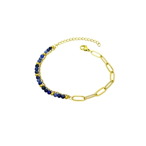 Pulsera de doble capa de acero inoxidable dorado con cuentas azules de piedra natural