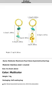 Detail view of asymmetric mushroom earrings with turquoise stone and pearl accents