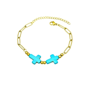 Bracciale bohémien a catena a graffetta dorata con croci in turchese blu da donna