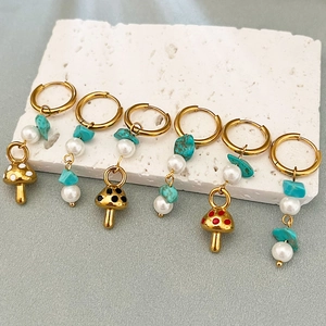 Asymmetric Mushroom Dangle Hoop Earrings Stainless Steel With Crushed Stone Imitation Artificial Pearl Boho Style For Women