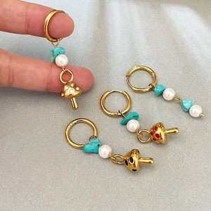 Asymmetric mushroom drop earrings with mixed colorful stones and pearls on gold hoops