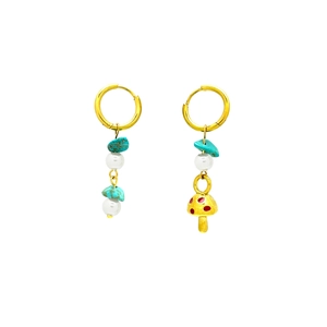 Asymmetrical stainless steel earrings with mushroom, turquoise stone and pearls