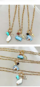 Detail of 18K gold plated stainless steel necklaces with dolphin and shell pendants