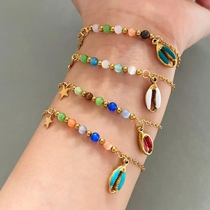 Bracelet En Acier Inoxydable Avec Pendentifs Coquillage Étoile Et Pierres Œil De Chat Colorées Mode Été Bohème Femmes