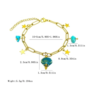 Star charm bracelet with turquoise stones and gold paperclip chain link for women