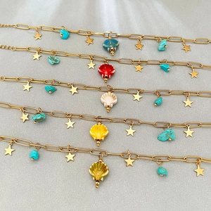 Bohemian gold stainless steel bracelets with star charms and colorful ceramic shells